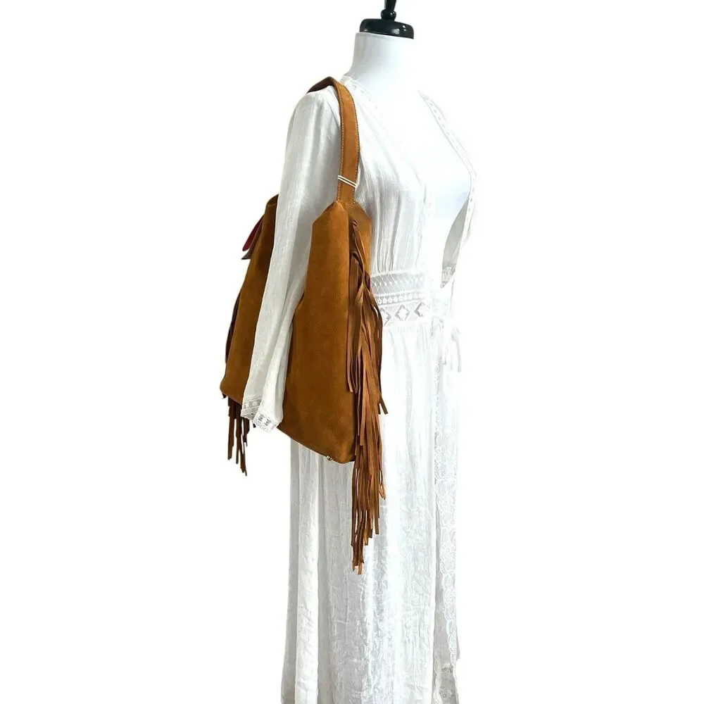 Divina Firenze Brown Suede Fringe Hobo Tote Bag Made In Italy Western Boho NWT - Picture 3 of 14